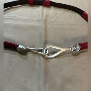 Chico’s Red Leather Belt with Silver Buckle